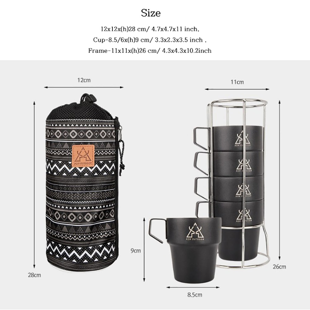 KM Camping stainless steel Cup 300ml Ultralight Water Tea Coffee Mug 5P Set with Pouch Portable Foldable Handle Backpacking Hiking Picnic Outdoor Black