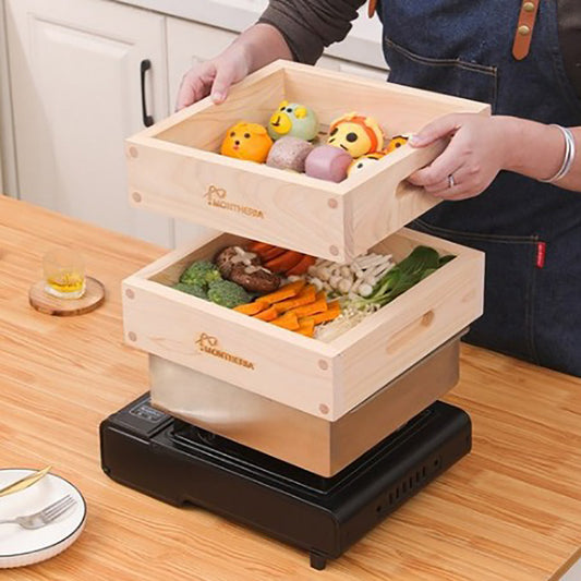 Square edge Square 11.2 Inch Handmade Bamboo Steamer Two Tier with stainless steel pot Timer silicone knob storage bag