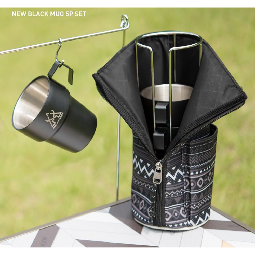 KM Camping stainless steel Cup 300ml Ultralight Water Tea Coffee Mug 5P Set with Pouch Portable Foldable Handle Backpacking Hiking Picnic Outdoor Black