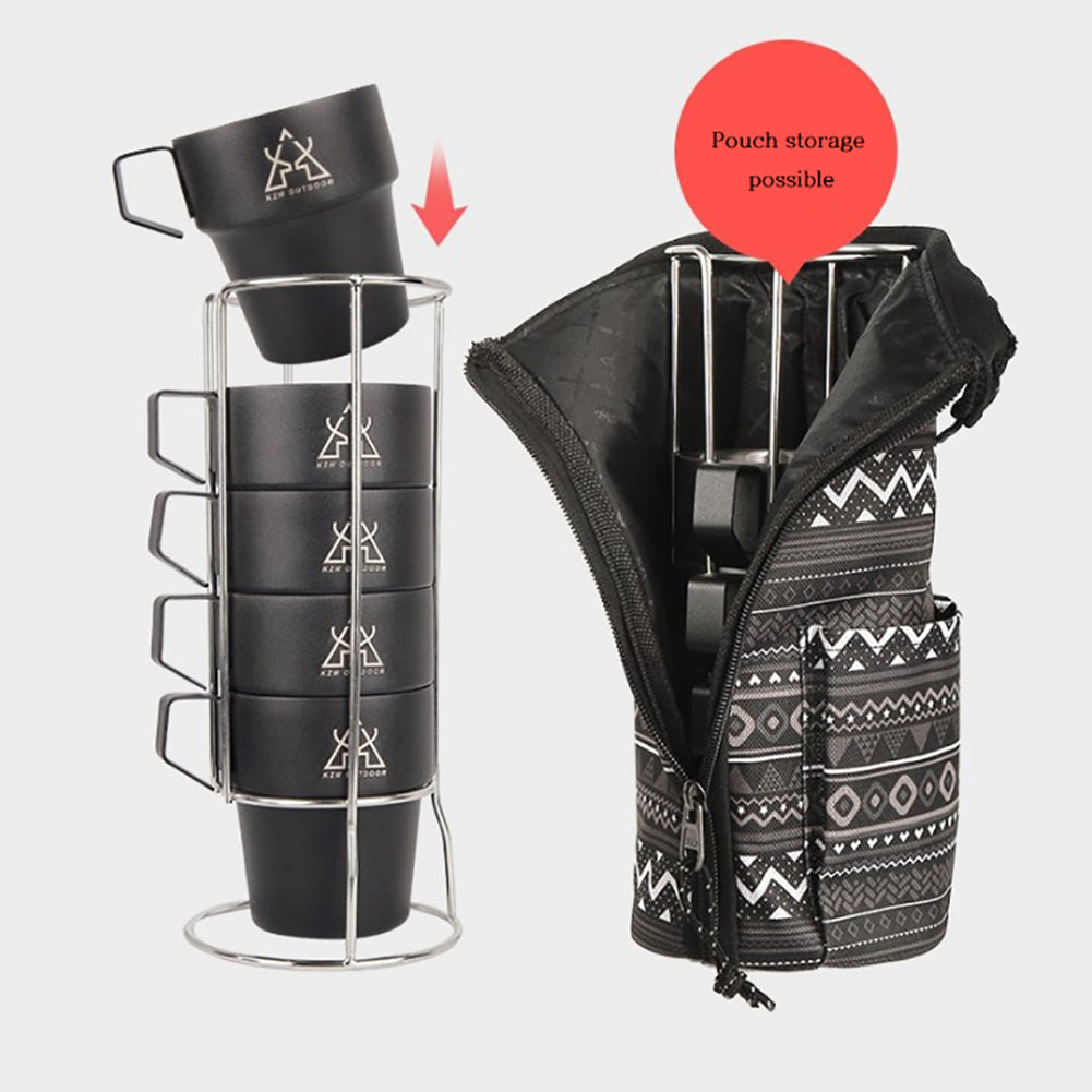 KM Camping stainless steel Cup 300ml Ultralight Water Tea Coffee Mug 5P Set with Pouch Portable Foldable Handle Backpacking Hiking Picnic Outdoor Black