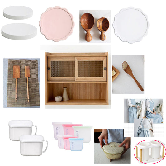 4 plates + 2 wood scoops + 2 types of beef cookware + market cabinet SHM4262SL + wood butter knife + apron + handle canister (2p) 6 types of silicon bag + bamboo steamer (xs)+ spoon racks