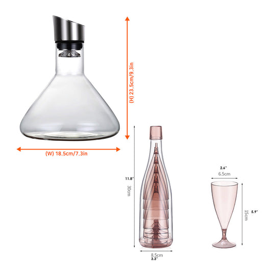 With Molly handmade crystal wine decanter designed in a waterfall shape for aeration with portable wine glass set (W)7.3x(H)9.3in