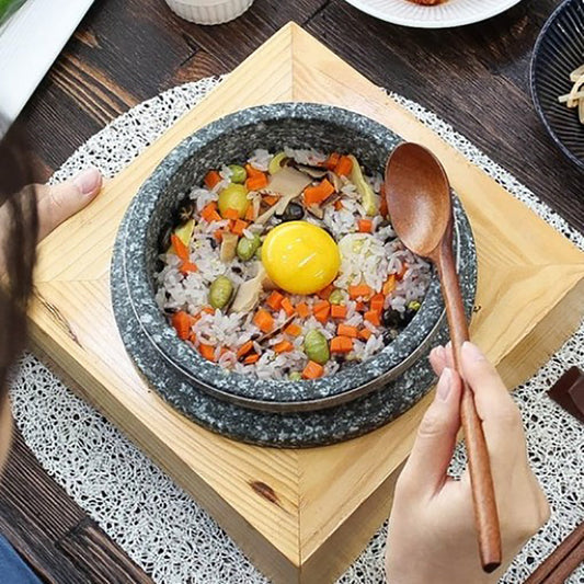 Korea Style Non-stic Traditional Stone Rice Cooker with wood stand Cauldron Multi Cooker-Bibimbab Nurungji for 1–2 people 6.2×3.3 inch
