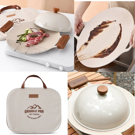 Nonstick Griddle Grill Pan, Reversible Grill & Griddle Pan, Two Burner Cast Aluminum Griddle, Portable for Indoor Stovetop or Outdoor Camping BBQ, with Tools 5p Set ivory