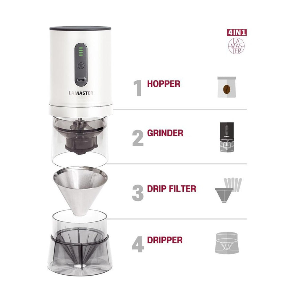 4-in-1 smart Portable Automatic Coffee Bean Grinder Coffee Brewer Maker Tumbler Hand Drip Set for Outdoor Camping White 8.2x3.9x3.1inch