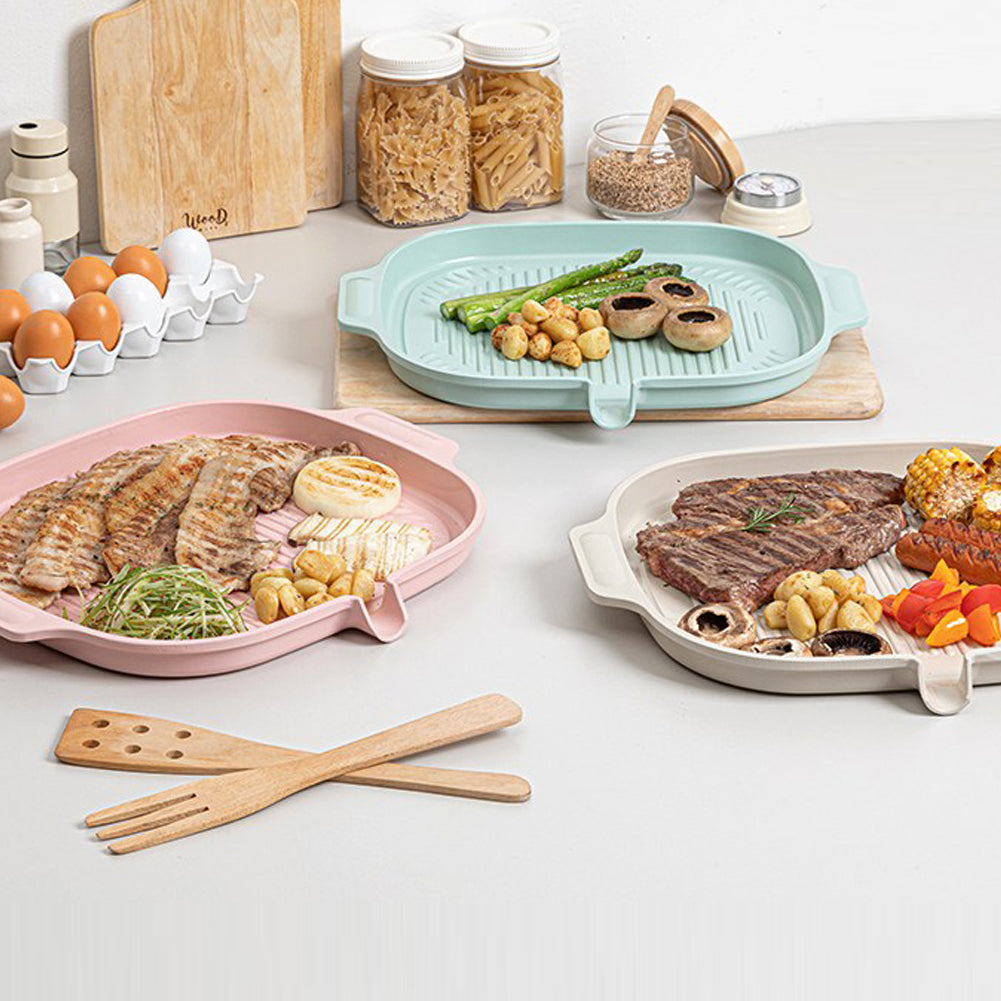 With Molly IH Pastel Color Ceramic Coating Square Grill Roasting Pan With Ceramic Handle Pink 15x13x1.2inch