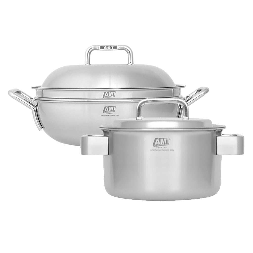 Dongwon Metal 316TI 5 Layers stainless steel Nonstick Party Wok With Lid 11" and Double Hand Pot with lid 9.5" for Stir-fry dish or a Soup Pot