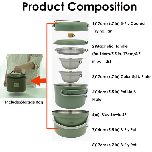 Bellrock Premium Quality Stainless Steel Camping Cookware Set - 9 Piece Deluxe Family Cookset Green