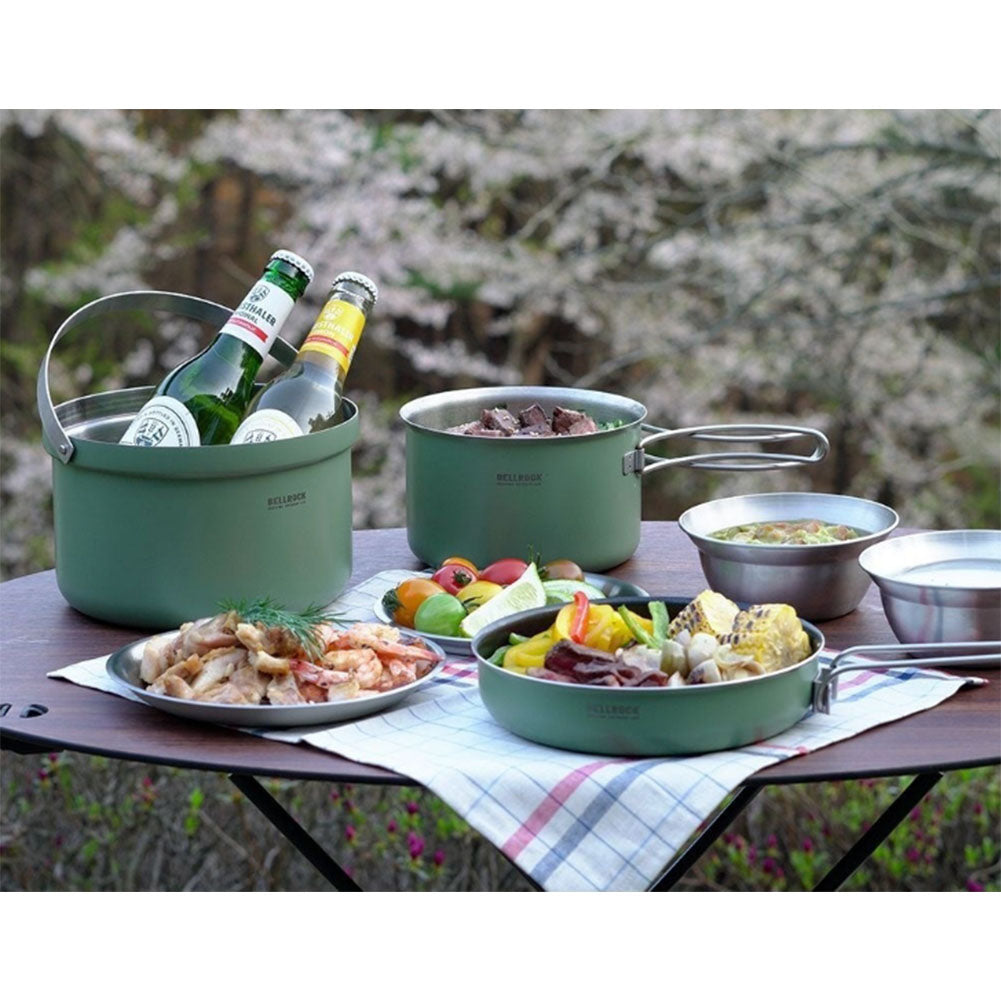 Bellrock Premium Quality Stainless Steel Camping Cookware Set - 9 Piece Deluxe Family Cookset Green