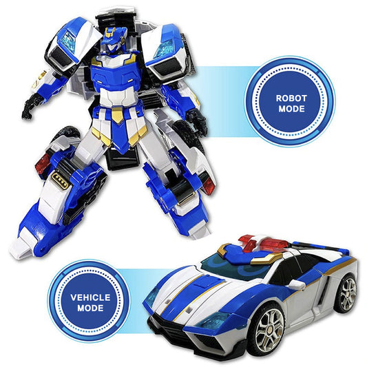 With Molly MetalCardBot Blue Cop Two Transformation Robot Vehicle Modes  7.4in x 3.5inx 7.9in