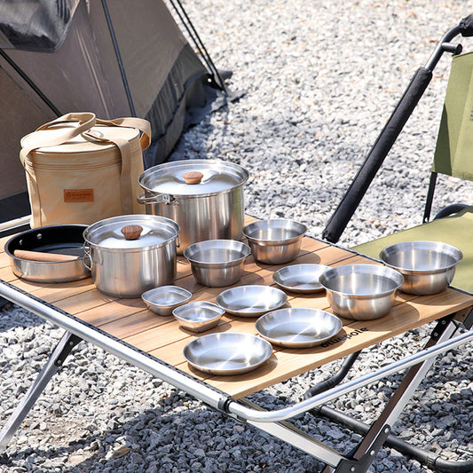 With Molly 3-ply stainless steel camping cooker pot set for Outdoor Camping Hiking Picnic Included Carry Bag 15p