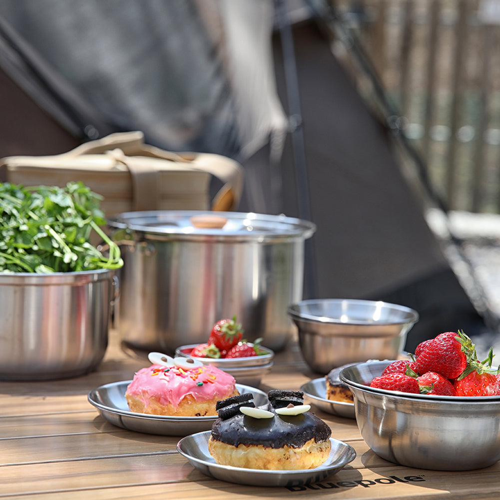 With Molly 3-ply stainless steel camping cooker pot set for Outdoor Camping Hiking Picnic Included Carry Bag 15p