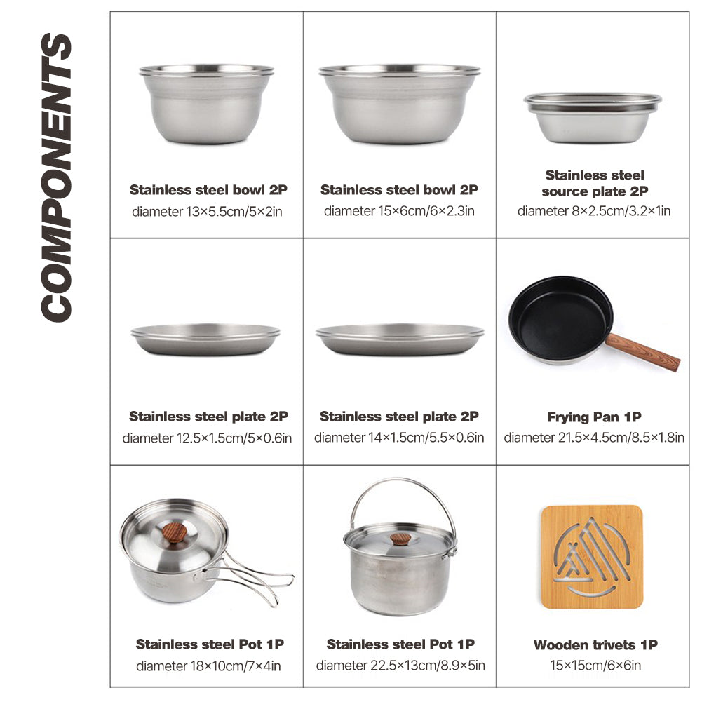 With Molly 3-ply stainless steel camping cooker pot set for Outdoor Camping Hiking Picnic Included Carry Bag 15p