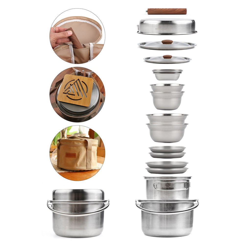 With Molly 3-ply stainless steel camping cooker pot set for Outdoor Camping Hiking Picnic Included Carry Bag 15p