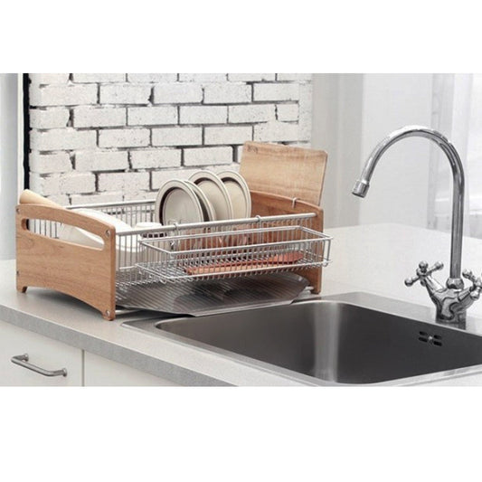 Baum Stainless Steel  side bamboo Dish Dry Rack Drying Drainer Kitchen Holder Organizer 17.9 x 12.5 x 6.4 in