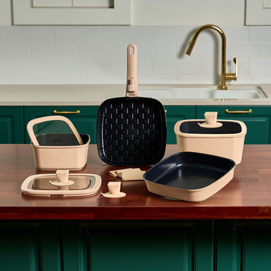 With Molly Bohogle Induction ceramic coating square cookware set with lid & magic handle  11P Beige