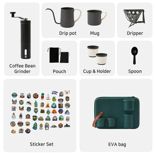 Portable Camping Outdoor Portable Coffee Hand Drip SET(9P)- coffee dripper+coffee grinder+drip kettle+coffee cup+ storage bag