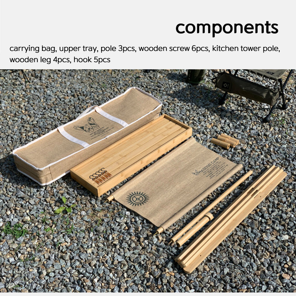 With Molly Camping portable Wood Shelf and hanger with storage bag 27(W)x8(D)x31(H)inch