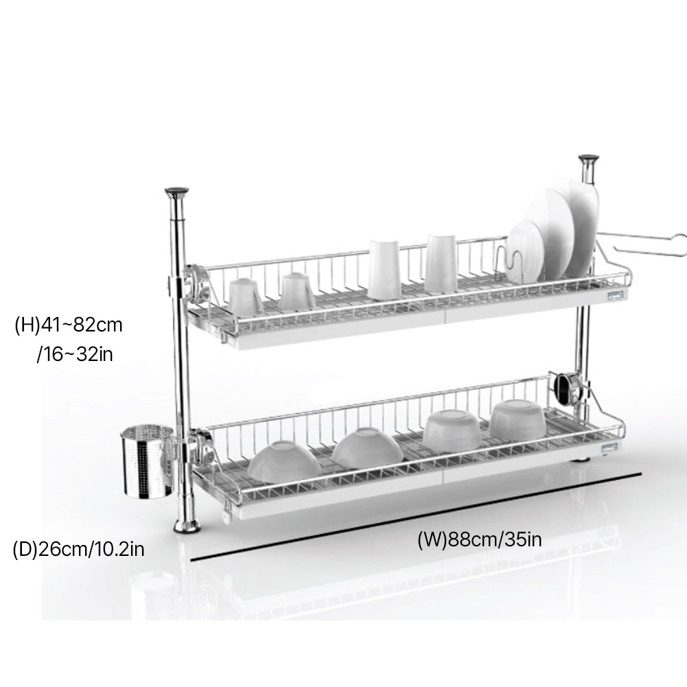 Onetouch cloumn-type 2 tier dish rack installed easily and simply length adjusting 35(W)x10.2(D)x16~32(H)in