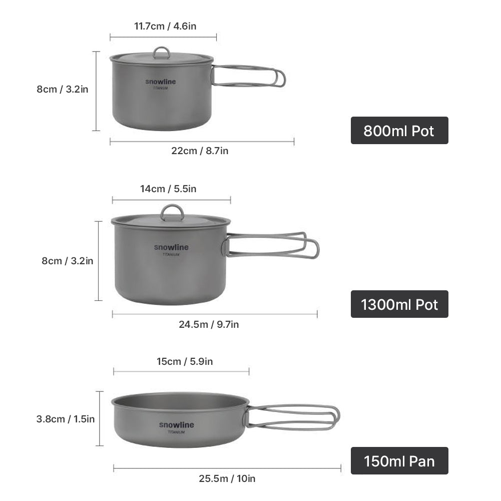 Lightweight Titanium Camping Cookware Set 800ml Pot, 1300ml Pot, 150ml Frying Pan, Pouch