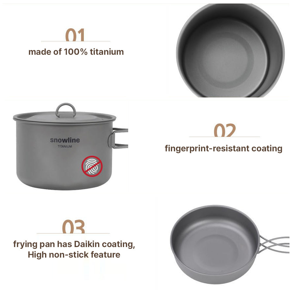 Lightweight Titanium Camping Cookware Set 800ml Pot, 1300ml Pot, 150ml Frying Pan, Pouch