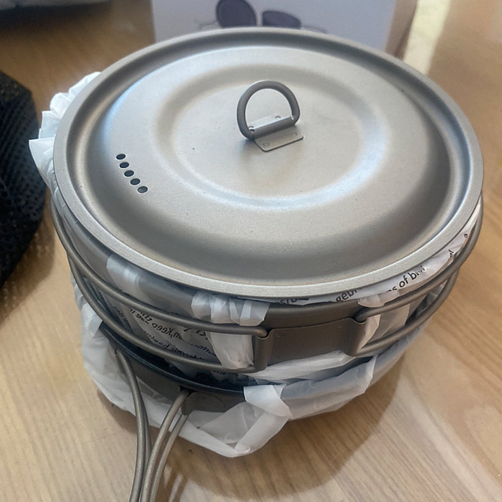 Lightweight Titanium Camping Cookware Set 800ml Pot, 1300ml Pot, 150ml Frying Pan, Pouch