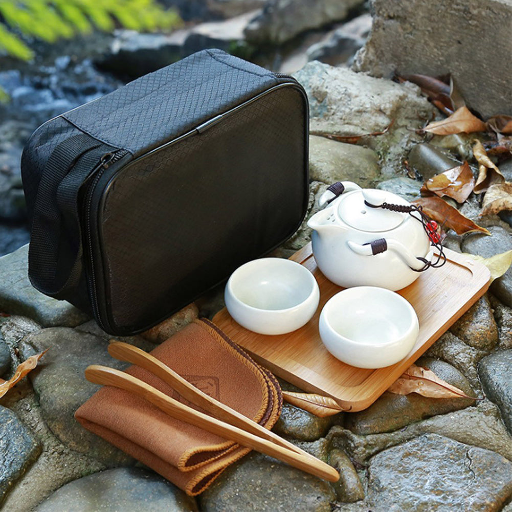 With Molly Portable Camping Tea Set  kettle 1p, tea cup 2p wooden tray storage bag  8.3(W)x5.7(D)x3.8(H)in