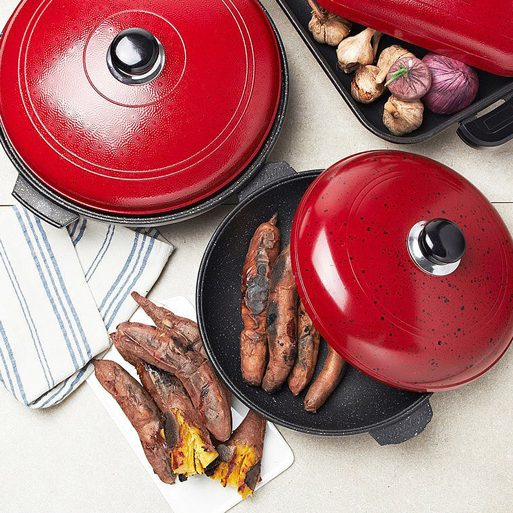 With Molly Yosul Direct Fire Grill Pan for Grilling steakm, Hot Pot cooking,Pan cooking Roasted Sweet Postatoes Red 11.8"