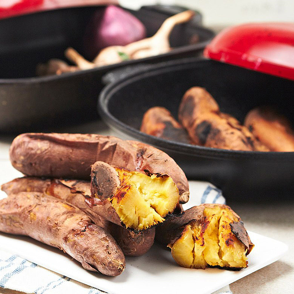 With Molly Yosul Direct Fire Grill Pan for Grilling steakm, Hot Pot cooking,Pan cooking Roasted Sweet Postatoes Red 11.8"