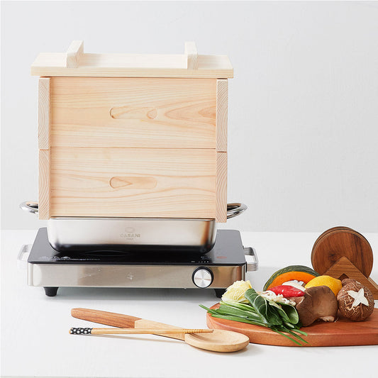 Handmade Cypress steamer using raw wood, 2-stage cypress steamers with stainless steel water pot 12(W)x11(D)x9.9(H)inch