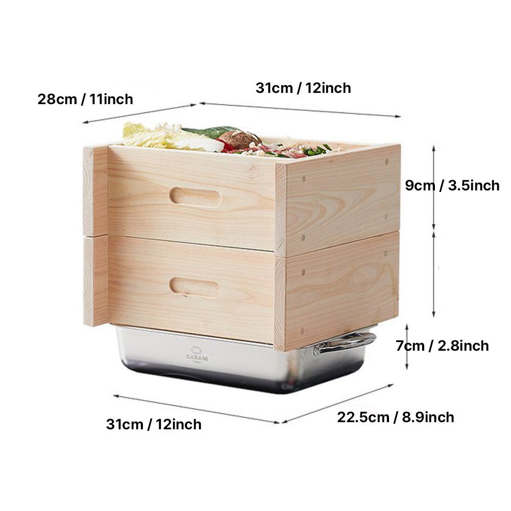 Handmade Cypress steamer using raw wood, 2-stage cypress steamers with stainless steel water pot 12(W)x11(D)x9.9(H)inch