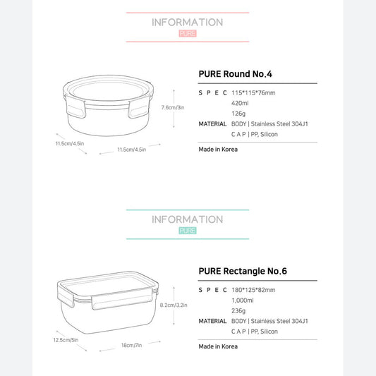 With Molly stenlock stainless steel container 6P -Round 4P (4.5x3in 0.27lbs) + Square 2P (7x5x3.2in 0.5lbs)