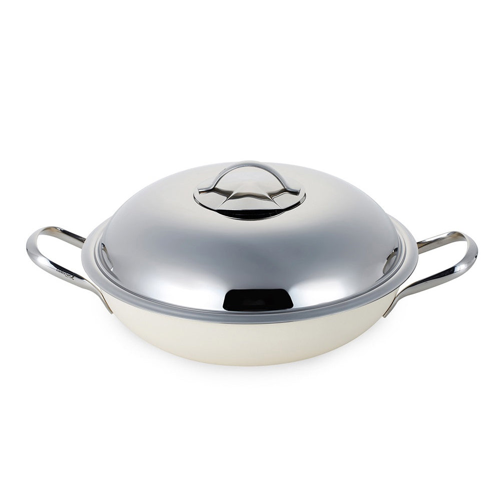 With Molly Edelco 3-ply layer high quality stainless steel ceramic coated wok steamer uses all heat sources Ivory 11inches