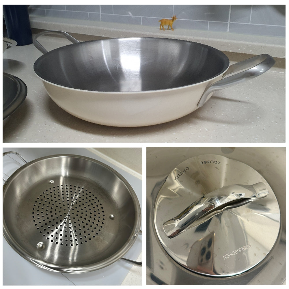 With Molly Edelco 3-ply layer high quality stainless steel ceramic coated wok steamer uses all heat sources Ivory 11inches