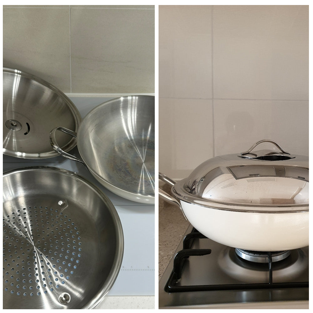 With Molly Edelco 3-ply layer high quality stainless steel ceramic coated wok steamer uses all heat sources Ivory 11inches