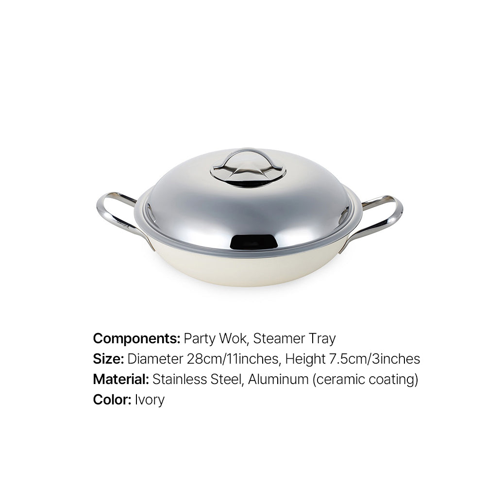 With Molly Edelco 3-ply layer high quality stainless steel ceramic coated wok steamer uses all heat sources Ivory 11inches