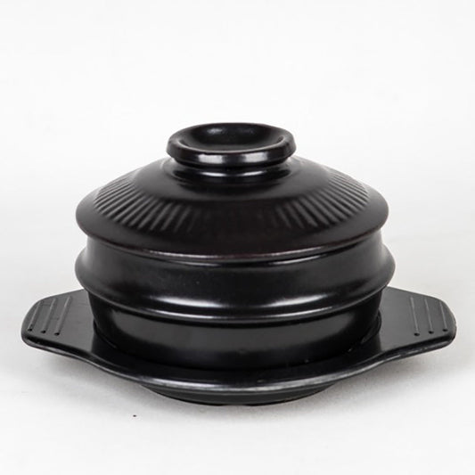 Korean Stone Bowl with Lid & Tray , Premium Ceramic, Stone Hot Pot for Bibimbap Egg custard Soup 6.1" x 3.15"