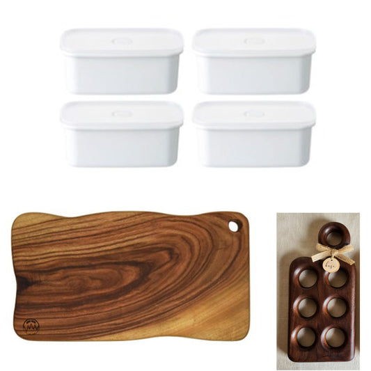 Muji enamel container4P(4.5in x7.5in x3in) + Jason wood cutting board(9.84in x17.4in x1.1in)+Basowood egg try