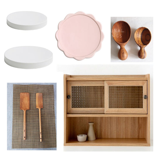 diameter: 15cm /5.9 in Round pleates +diameter: 20cm/7.9in +8.3" x7" x 8 flower pleate in Pink + wood scoops(2P)+wood Spatula(2P)+Market B POLABO Mini Cabinet Spacious 2 Door Storage SHM4262SL