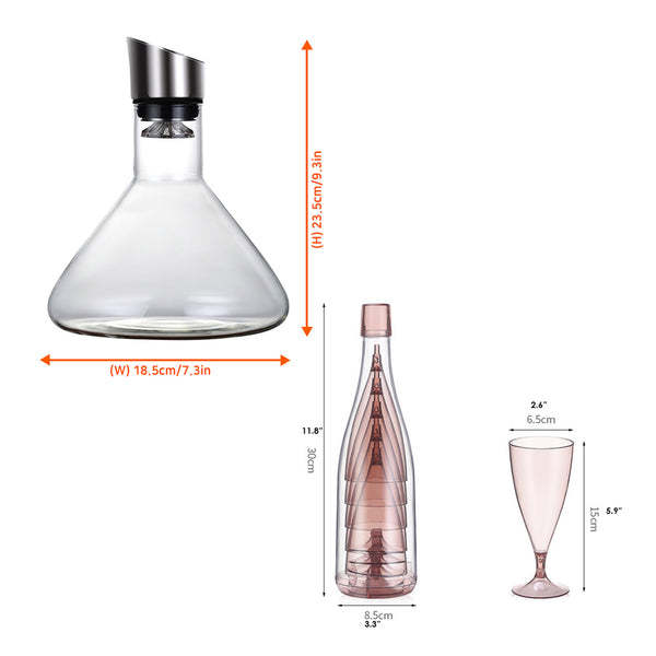 With Molly handmade crystal wine decanter designed in a waterfall shape for aeration with portable wine glass set  (W)7.3x(H)9.3in