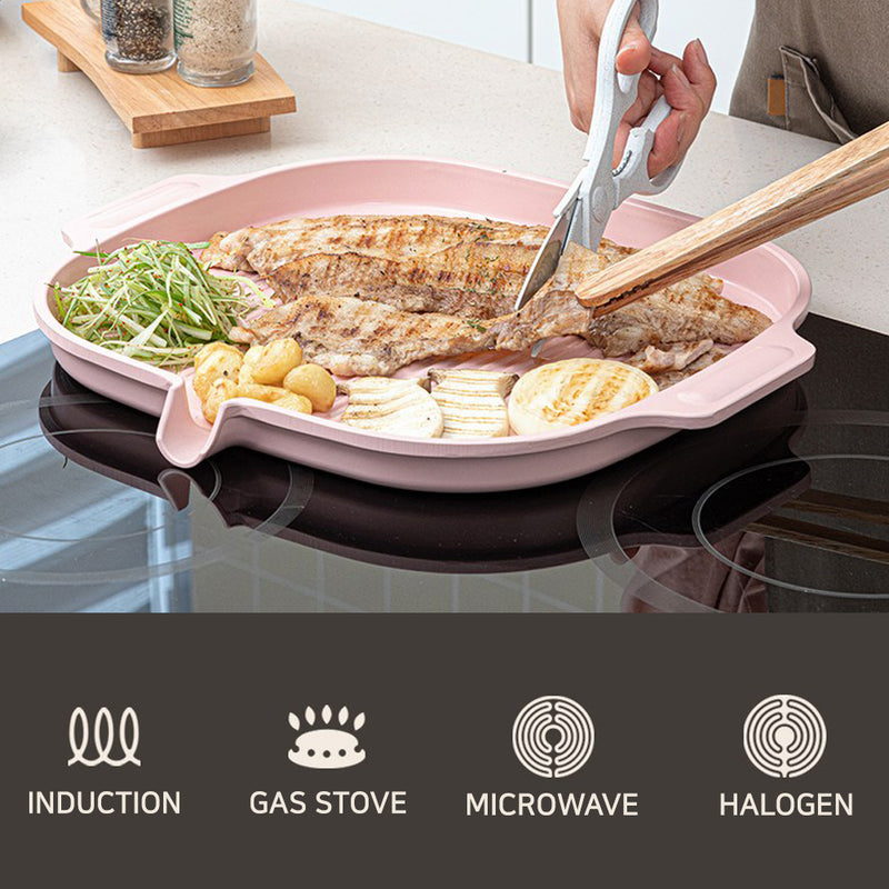 With Molly IH Pastel Color Ceramic Coating Square Grill Roasting Pan With Ceramic Handle Pink 15x13x1.2inch