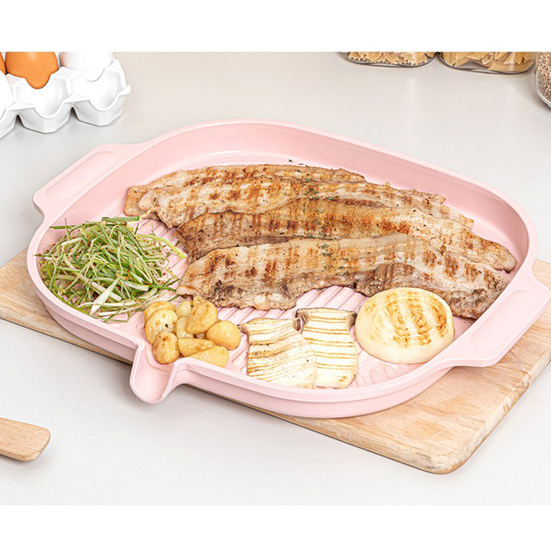 With Molly IH Pastel Color Ceramic Coating Square Grill Roasting Pan With Ceramic Handle Pink 15x13x1.2inch