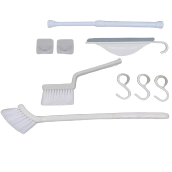 Toilet cleaning tool set - Easy and quick cleaning (1 Tension rod, 3 S-hooks, 2 Support holders, 1 Medium cleaning brush, 1 Small cleaning brush, 1 Squeegee )