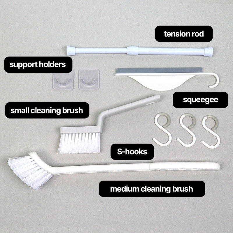 Toilet cleaning tool set - Easy and quick cleaning (1 Tension rod, 3 S-hooks, 2 Support holders, 1 Medium cleaning brush, 1 Small cleaning brush, 1 Squeegee )