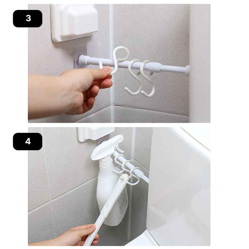 Toilet cleaning tool set - Easy and quick cleaning (1 Tension rod, 3 S-hooks, 2 Support holders, 1 Medium cleaning brush, 1 Small cleaning brush, 1 Squeegee )