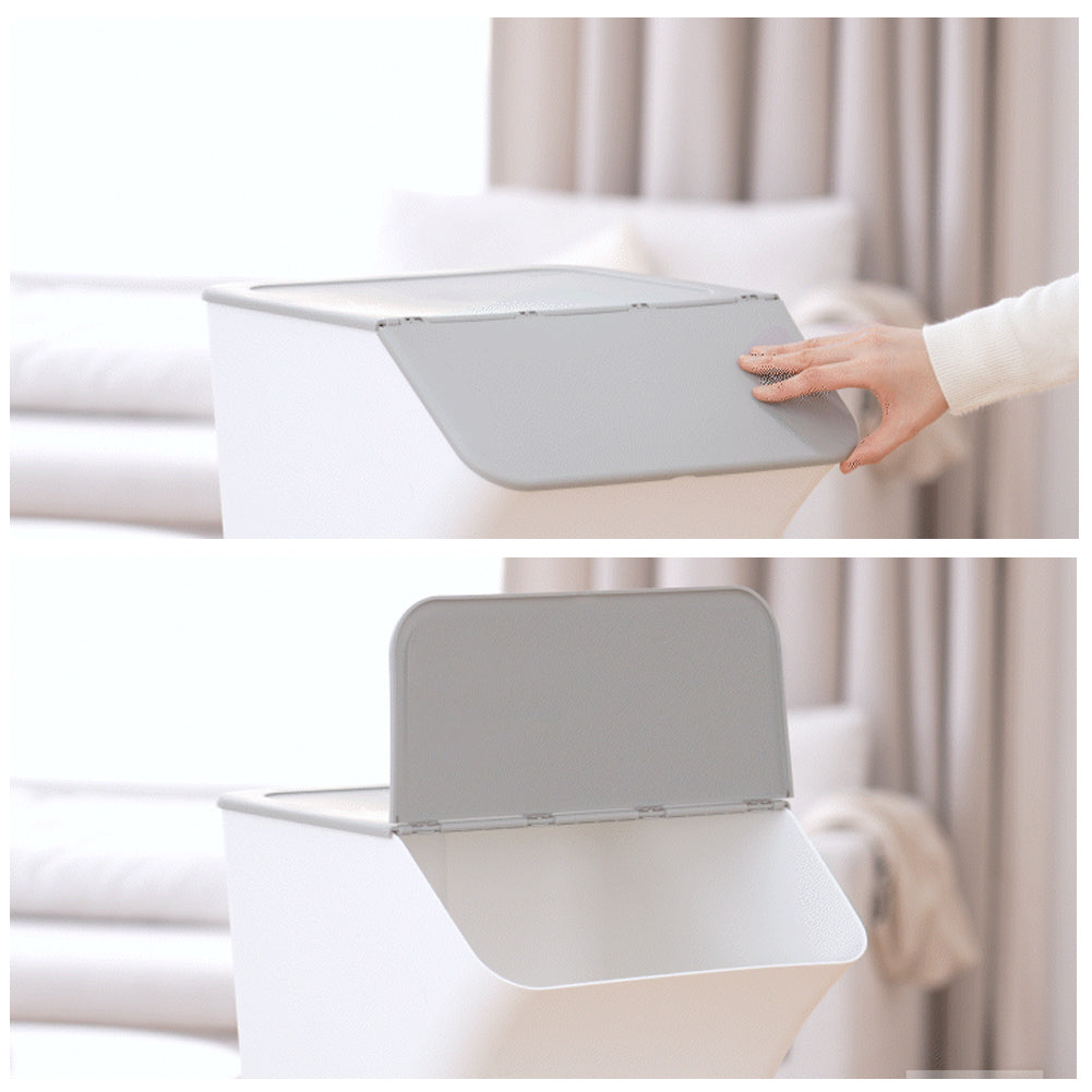 With Molly Bisum Stackable Organizer Stores Recycling Bin Container with Lid, Handle, Recycle Sticker Trash Bin Label, Tools and Toys, Handy Recycler, 3 Pack white gray