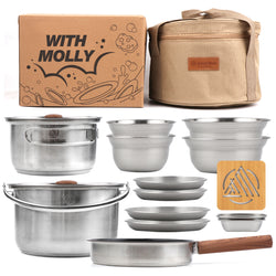 With Molly 3-ply stainless steel camping cooker pot set  for Outdoor Camping Hiking Picnic Included Carry Bag 15p