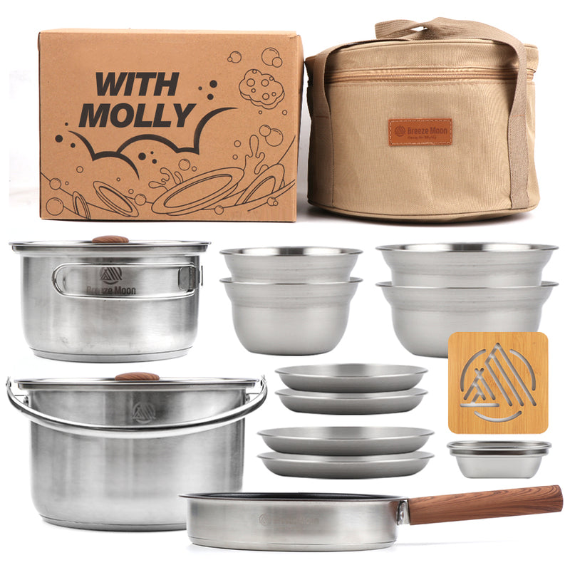 With Molly 3-ply stainless steel camping cooker pot set  for Outdoor Camping Hiking Picnic Included Carry Bag 15p