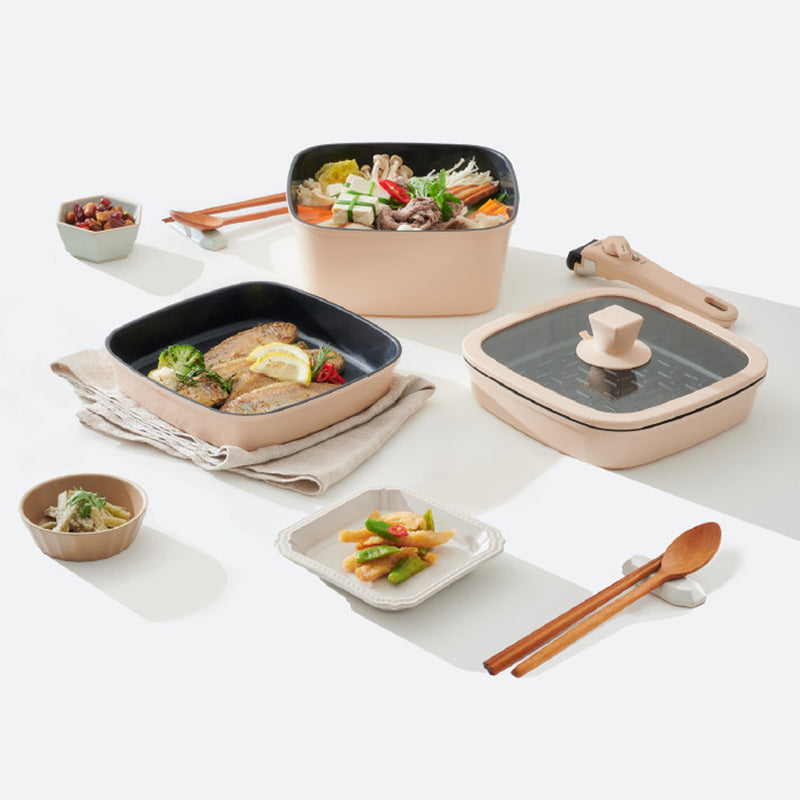 With Molly Bohogle Induction ceramic coating square cookware set with lid & magic handle  11P Beige