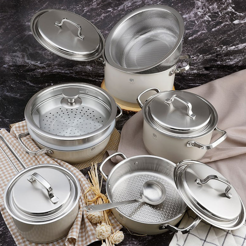 With Molly Crobel Union energy saveing  5- Ply  Ceramic Stainless Steel Pot set 5P with Lid cream